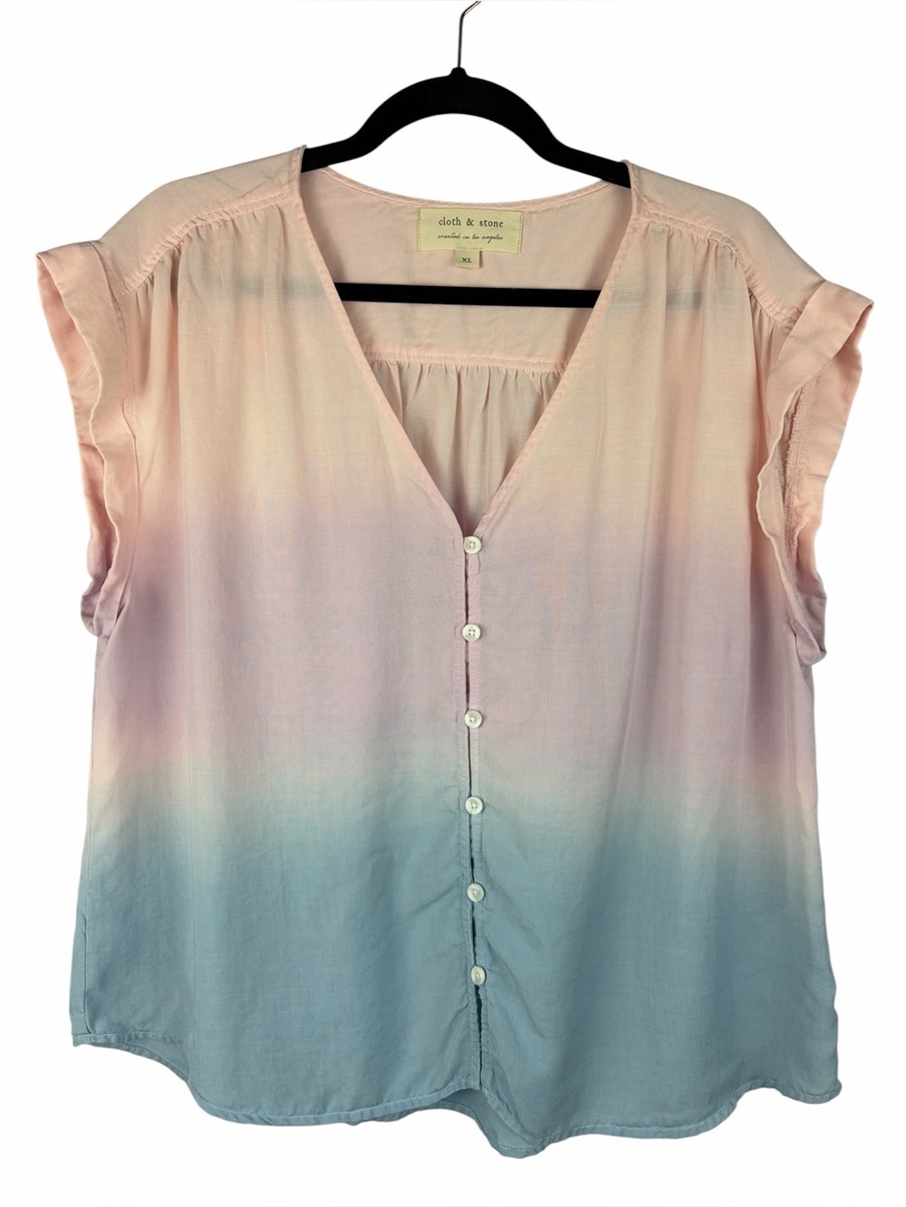 Cloth & Stone Anthropologie Ombre Tencel Button Front Blouse Pink Blue XL